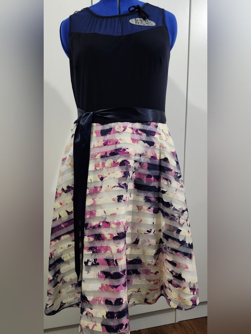 SL Fashion NY Floral Striped A-Line Dress in Navy and Pink